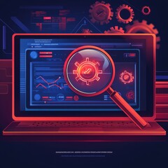 Poster - A computer screen showcasing data analytics, featuring a red magnifying glass over graphical data and gears.