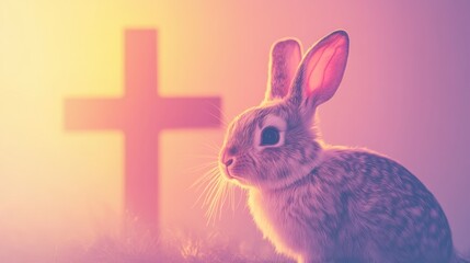 Poster - A bunny near a glowing cross on a gentle gradient background with soft Easter tones, perfect for text placement.