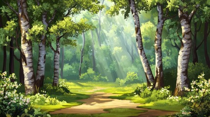 Wall Mural - Sunlit path through lush green birch forest.