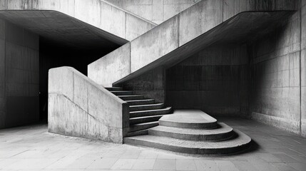 Aufkleber - A monochromatic concrete staircase with geometric shapes and sharp angles in a minimalist space.