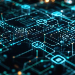 Poster - Abstract digital network circuitry with glowing blue lines and icons representing technology and connectivity.