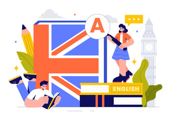 Wall Mural - English Language Vector Illustration featuring Students Studying Foreign Languages, Global Communication, and Elementary Grammar Lessons Background