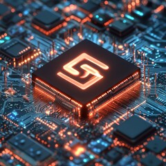 Poster - Close-up of a glowing microchip on a circuit board with intricate details and a futuristic vibe.