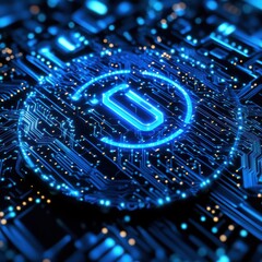 Poster - A mesmerizing close-up of a blue glowing circuit board with intricate details and electronic components.