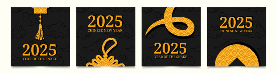 Poster - Set of golden and black cards for Chinese New Year 2025. Poster with lantern, lucky symbol, snake and Chinese coin. Vector template for banner, social media post, holiday cover