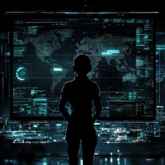Poster - Silhouette of a Black female analyst in headphones, facing a digital world map on a glowing screen. High-tech vibes.