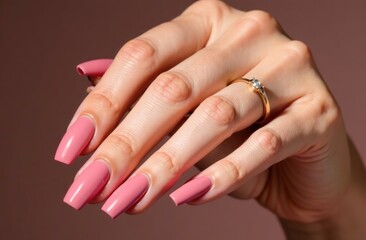 Close-up of women's hands with a fashionable pink matte manicure. On one of the fingers, on the second phalanx, there is a narrow ring with a red ruby, in the shape of a heart. Beauty salon.