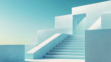 Aufkleber - A serene architectural scene featuring steps leading to a minimalist doorway against a blue sky.