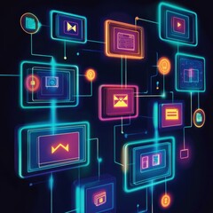 Poster - Futuristic digital interface with glowing icons representing multimedia and communication technologies.
