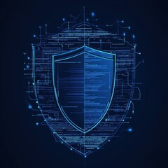 Poster - Stylized digital shield with glowing lines and code, symbolizing cybersecurity and data protection.