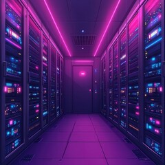 Aufkleber - Futuristic data center filled with glowing servers in shades of pink and blue, creating a vibrant and high-tech atmosphere.