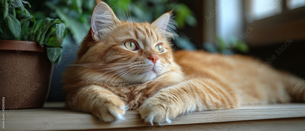 A relaxed orange cat rests on a wooden surface beside leafy plants in a ...