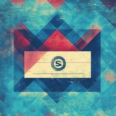 Poster - Abstract geometric design in blue and red tones featuring a central white rectangle with stylized initials.