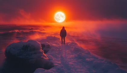 Wall Mural - A person walks a snowy ocean path at sunset, shrouded in mist and vibrant colors