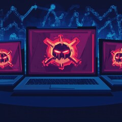 Poster - Three laptops displaying a dark-themed cyber security graphic with a vivid logo against a tech-inspired background.
