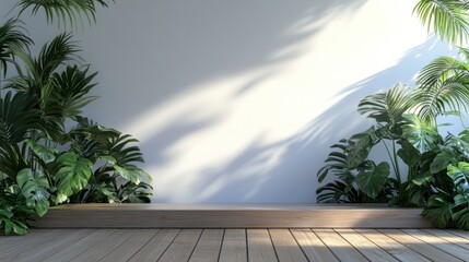 Poster - A serene indoor space with wooden flooring and lush green plants against a light wall.