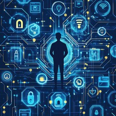 Poster - Silhouette of a person against a futuristic digital interface, showcasing interconnected technology symbols in blue.