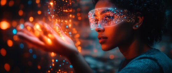 Poster - A woman wearing futuristic goggles interacts with vibrant digital particles at night