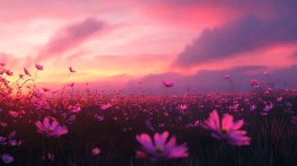 Poster - A serene landscape featuring a field of flowers under a colorful sunset sky.