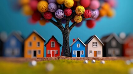 Wall Mural - A small tree with colorful houses in front of it