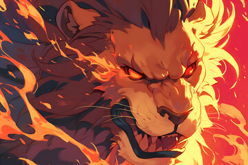 Wall Mural - A fierce, fiery lion with glowing eyes and flames surrounding its mane.