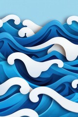 Poster - Vibrant blue waves with white foam create a dynamic and playful ocean scene in a paper-cutout style.