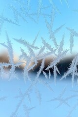 Poster - Intricate frost patterns adorn a window, glistening against a serene blue sky.