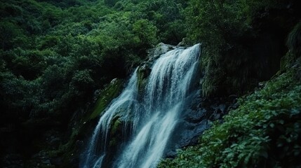 Aufkleber - A serene waterfall cascading through lush greenery in a tranquil natural setting.