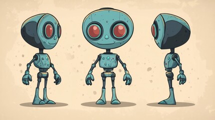 Poster - A stylized cartoon robot character design in three poses.
