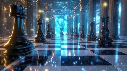 Poster - A surreal chessboard scene with glowing pieces and a mystical background.
