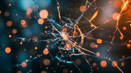 Poster - Intriguing reflections in a shattered glass pane urban setting abstract photography nighttime close-up creative concept