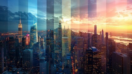 Poster - Surreal cityscape showcasing multiple timelines at sunset urban environment digital art aerial view conceptual imagery