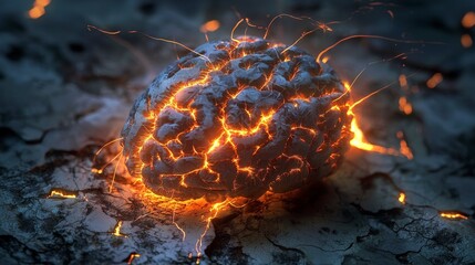 Aufkleber - Abstract brain sculpture with cracks glowing in dark environment art installation modern conceptual design