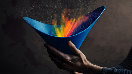 Wall Mural - Man holding a colorful funnel releasing vibrant dust