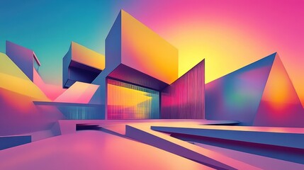 Poster - A vibrant, abstract architectural landscape with geometric shapes and colorful gradients.