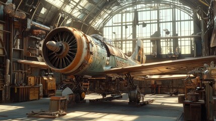 Aufkleber - A vintage aircraft in a spacious hangar, showcasing restoration and craftsmanship.