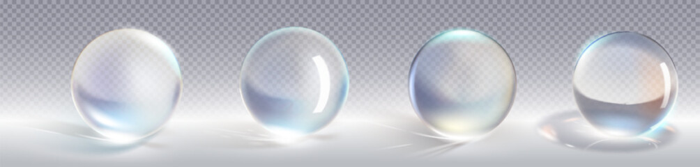 Poster - Glass ball 3D collection on transparent background with light reflection and rainbow refraction effects. Realistic white spheres with optical distortion for graphic design and gaming assets.