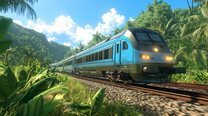 Aufkleber - Modern train speeding through lush green countryside scenic journey nature dynamic perspective travel experience