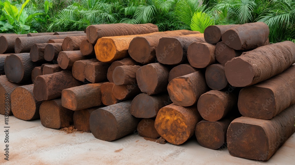 collection of neatly stacked timber logs sits on a concrete surface ...