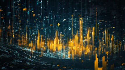 Poster - Abstract digital landscape with glowing bars and data elements, representing technology and analytics.
