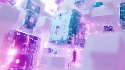 Poster - Abstract digital scene with glowing cubes and vibrant colors, suggesting a futuristic theme.