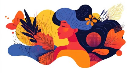 Wall Mural - Artistic Woman Profile with Vibrant Floral Elements and Abstract Background in Warm Tones for Nature and Beauty Themes