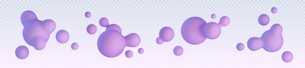 Poster - Abstract purple bubbles set isolated on transparent background. Vector realistic illustration of 3d balls, floating morphing spheres, molecular formula particles, paint drops, cosmetic product