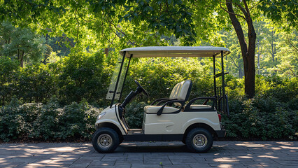 Classic Cream Golf Cart Stationed in Lush Green Park Setting with Natural Shade