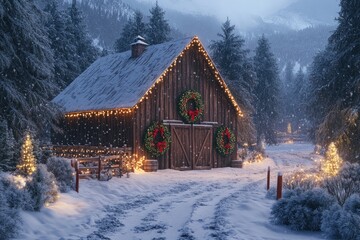 Wall Mural - Snow falling on festive barn decorated with christmas lights and wreaths