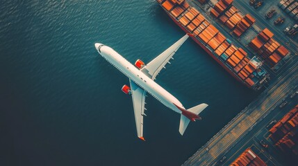 Poster - Aerial view of an airplane flying over a shipping port filled with containers.