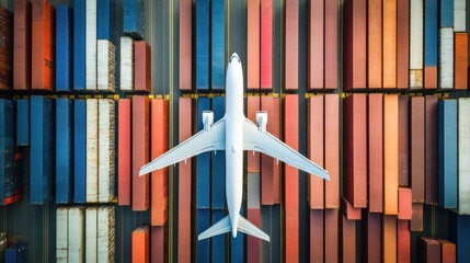 Poster - An aerial view of a plane flying over colorful shipping containers.