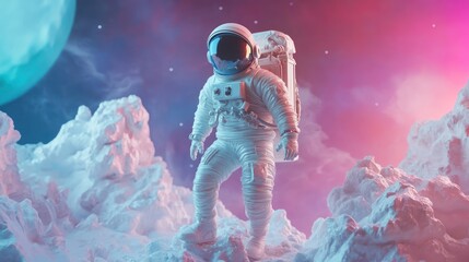Poster - An astronaut stands on a colorful, otherworldly landscape with celestial elements.