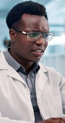 Aufkleber - Stress, science and computer with man in laboratory for frustrated, healthcare and burnout. Medical research, headache and tired with person in clinic for mistake, biotechnology and scientist report