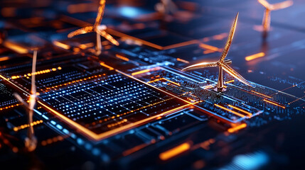 Aufkleber - close up of green energy smart grid system featuring wind turbines and digital circuits, showcasing innovation in renewable energy technology